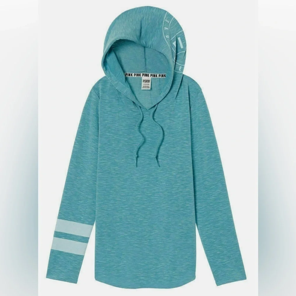 PINK Victoria’s Secret Hoodie Tunic Pastel Blue & White Lightweight Medium - Picture 1 of 9